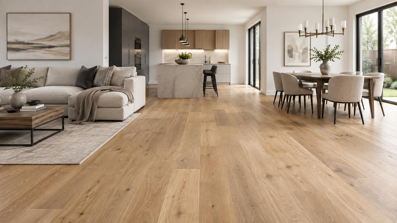 Wide plank hardwood flooring in a bright modern open-plan living, dining, and kitchen interior