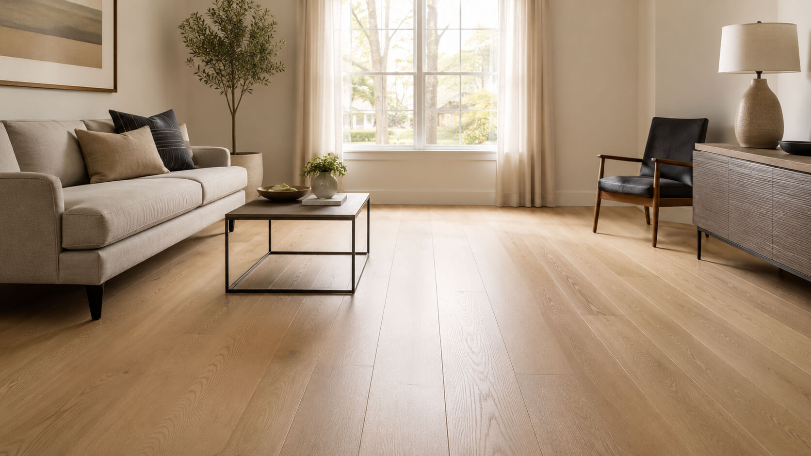 Small living room with light wide plank hardwood flooring creating a bright and spacious appearance