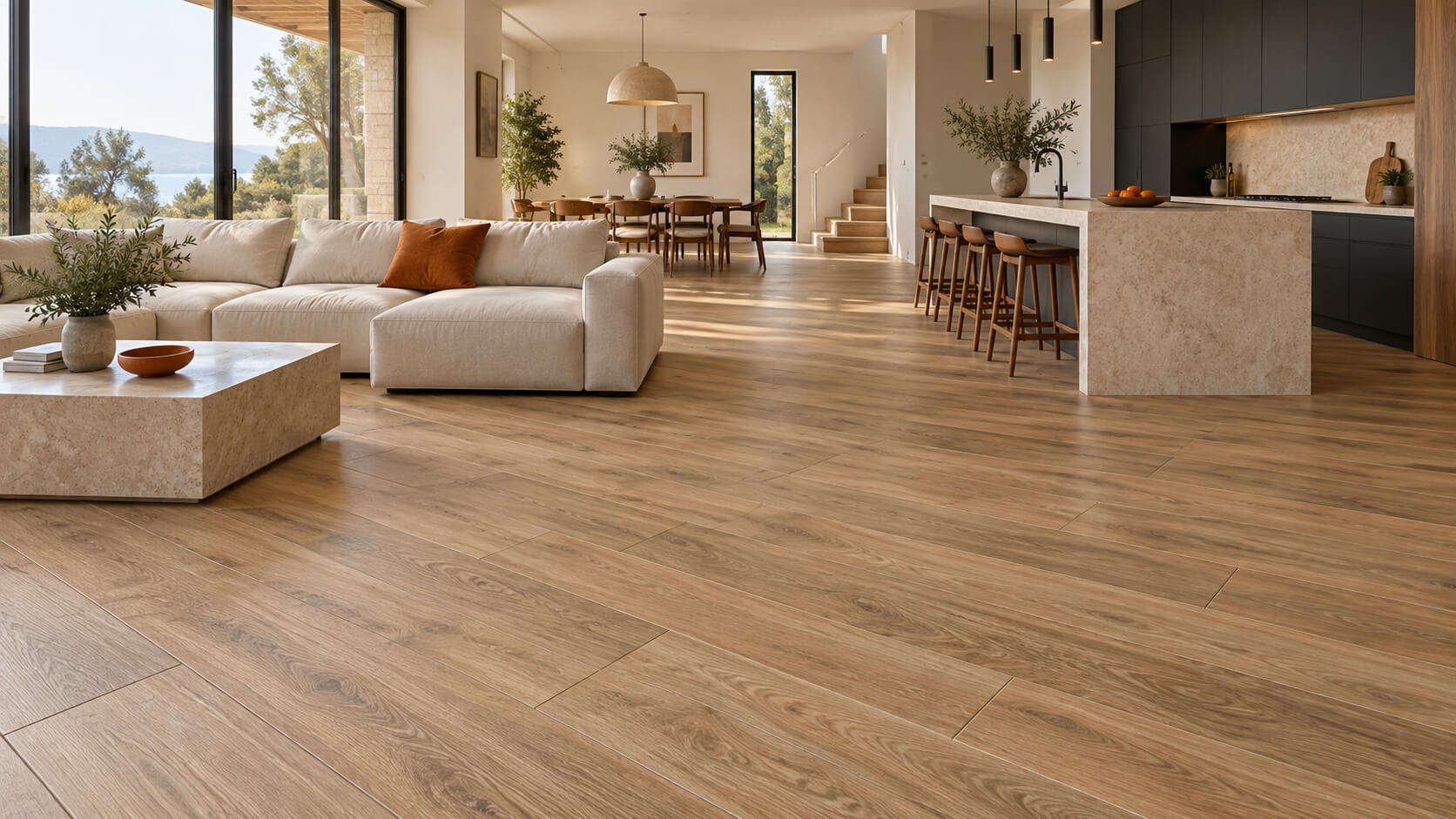 Open-plan living room and kitchen with oak-look porcelain floor tiles, ivory seating, and charcoal cabinets.