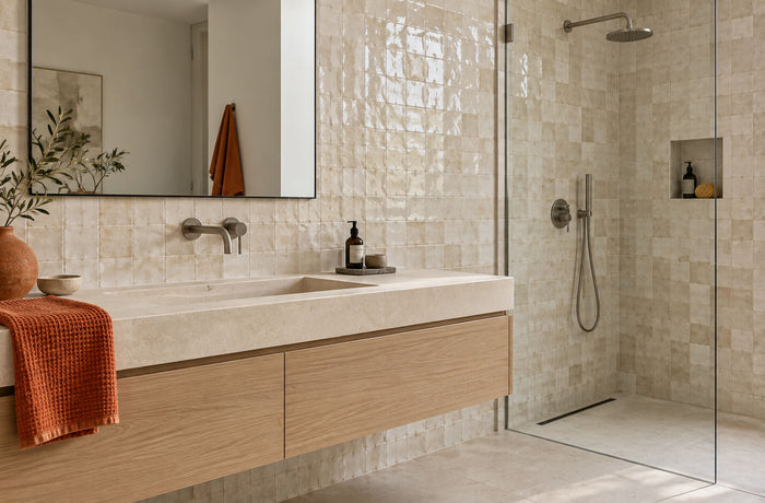 A warm, spa-like bathroom features glossy cream tiles, a floating oak vanity with an integrated stone sink, a large mirror, a glass walk-in rainfall shower, and earthy accents of terracotta, leafy branches, and burnt-orange towels in soft natural light.
