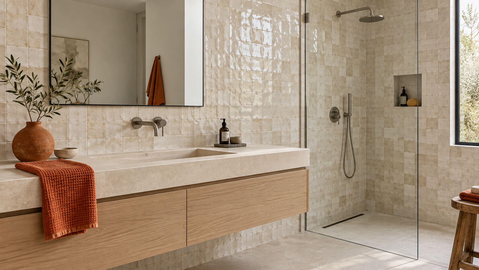 A warm, spa-like bathroom features glossy cream tiles, a floating oak vanity with an integrated stone sink, a large mirror, a glass walk-in rainfall shower, and earthy accents of terracotta, leafy branches, and burnt-orange towels in soft natural light.