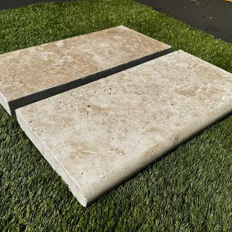Ivory Cordoba Cream Travertine Tumbled 12 x 24 x 2 Double Bullnose Coping