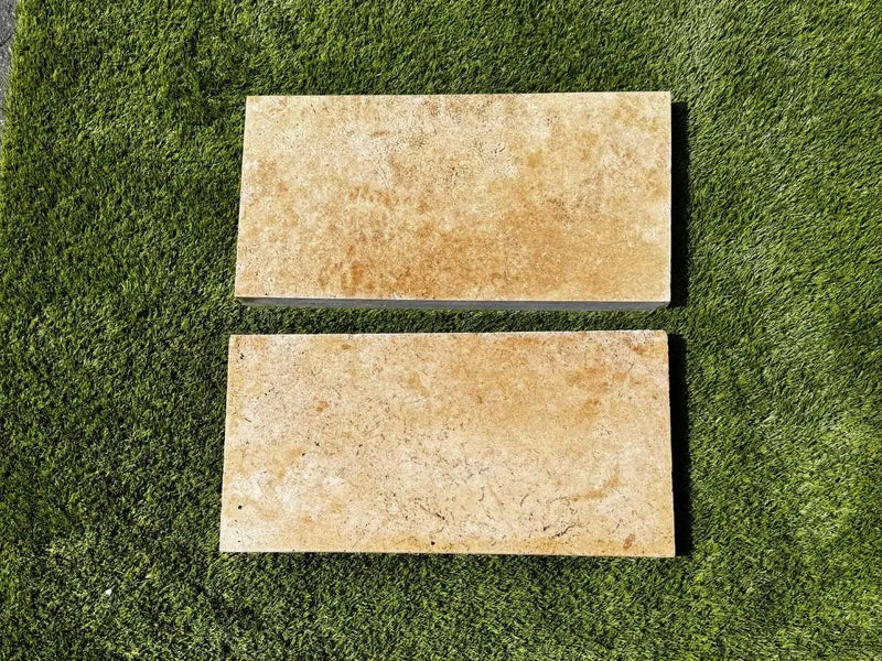 Chocolate Brown Walnut Travertine Tumbled 12 x 24 x 2 Double Modern Coping