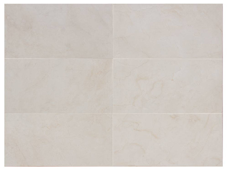 Close-up of Beige Spanishcrema Marfil *Select Marble Polished 12 x 24 x 1/2 Beveled Tile, in Beige tones.