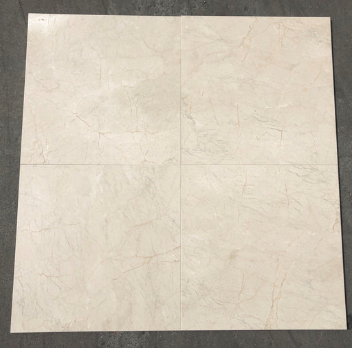 Close-up of Beige Spanishcrema Marfil *Select Marble Polished 18 x 18 x 1/2 Beveled Tile, in Beige tones.