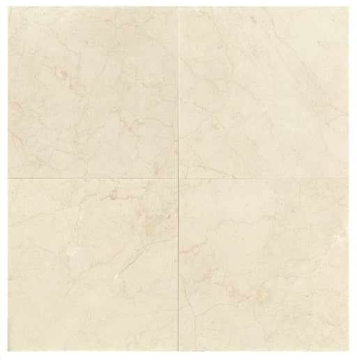 Close-up of Beige Spanishcrema Marfil *Select Marble Polished 18 x 18 x 1/2 Beveled Tile, in Beige tones.