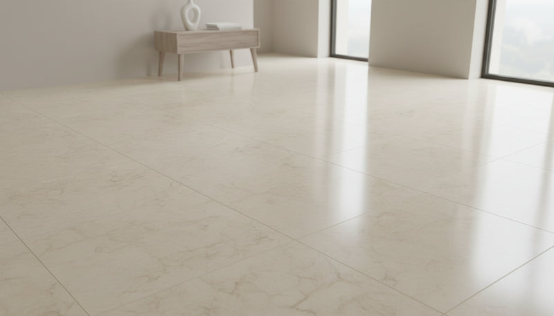 Close-up of Beige Spanishcrema Marfil *Select Marble Polished 18 x 18 x 1/2 Beveled Tile, in Beige tones.