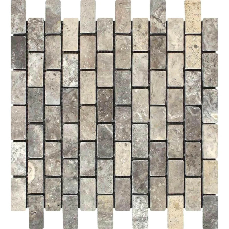 Silver Travertine Tumbled 1 x 2 Square Mosaic