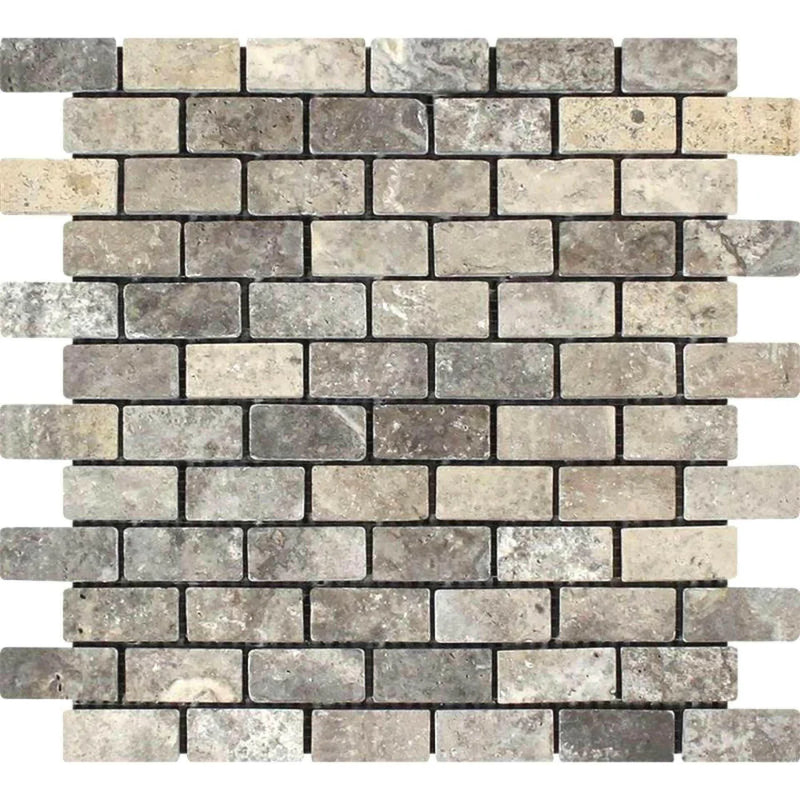 Silver Travertine Tumbled 1 x 2 Square Mosaic