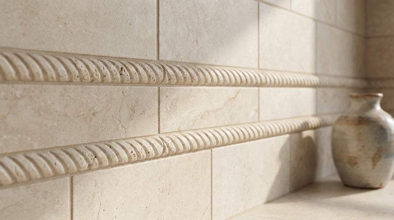 Ivory Light Travertine Trim 1x12 Honed, Unfilled     Rope Liner