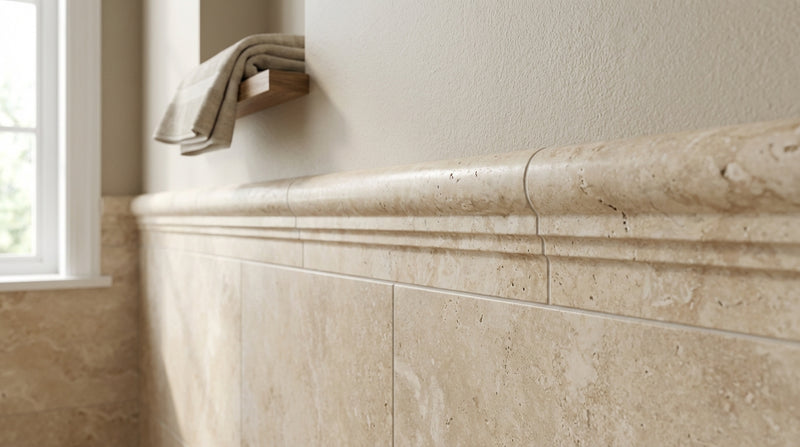 Ivory Travertine Trim 2.5x12 Honed, Unfilled     Double-Step Chair Rail