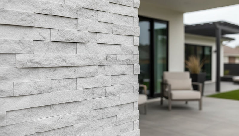 Close-up of White Marble Marble Split Face 4xFREE Stone Veneer, in White Marble tones.