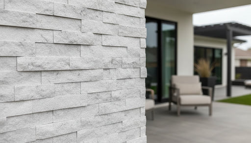 Close-up of White Marble Marble Split Face 4xFREE Stone Veneer, in White Marble tones.