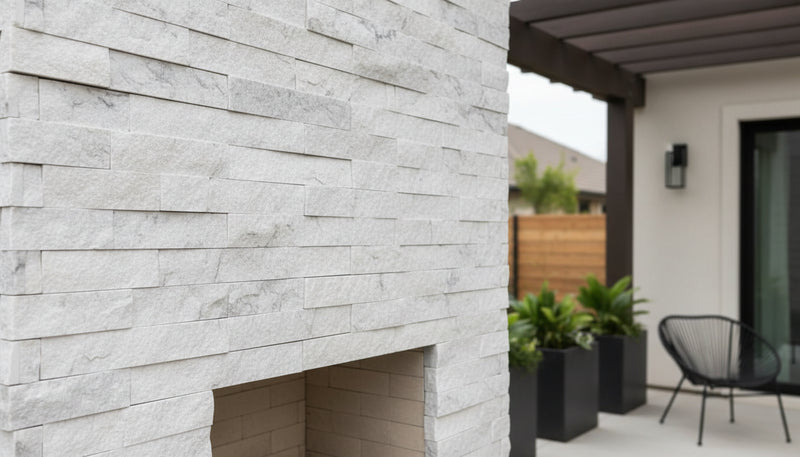 Close-up of White Marble Marble Split Face 8xFREE Stone Veneer, in White Marble tones.