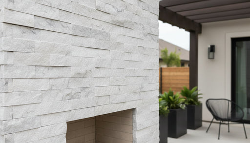 Close-up of White Marble Marble Split Face 8xFREE Stone Veneer, in White Marble tones.