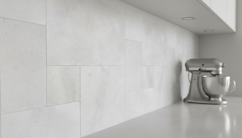 Close-up of White Marble Leather (Sandblasted & Brushed) French Versailles x 1/2 Tile, in White tones.