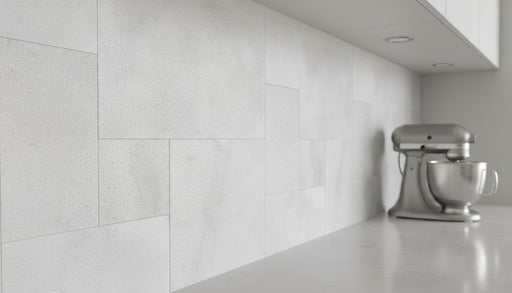 Close-up of White Marble Leather (Sandblasted & Brushed) French Versailles x 1/2 Tile, in White tones.