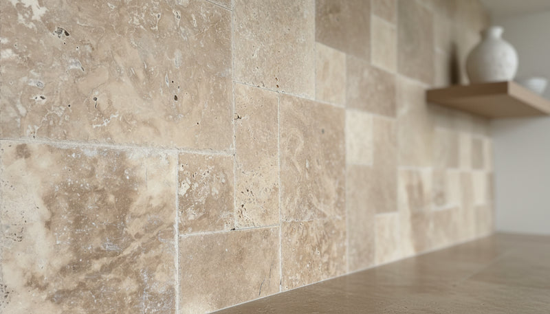 Close-up of Beige Verona Marble Leather (Sandblasted & Brushed) French Versailles x 1/2 Tile, in Beige tones.