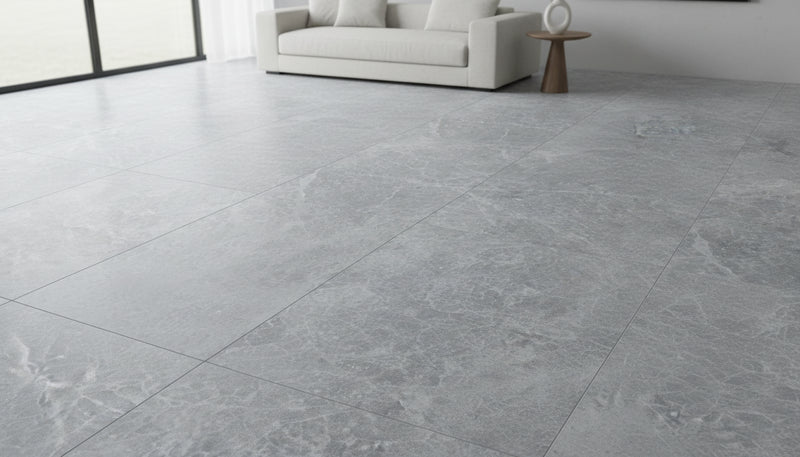 Close-up of Tundra Marble Leather (Sandblasted & Brushed) 16 x 24 x 1/2 Tile, in Tundra tones.