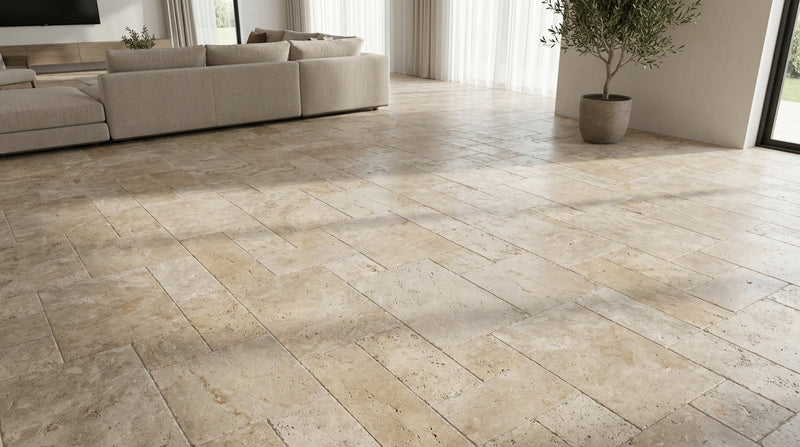 Walnut Versailles Brushed Chiseled Pattern Travertine Tile