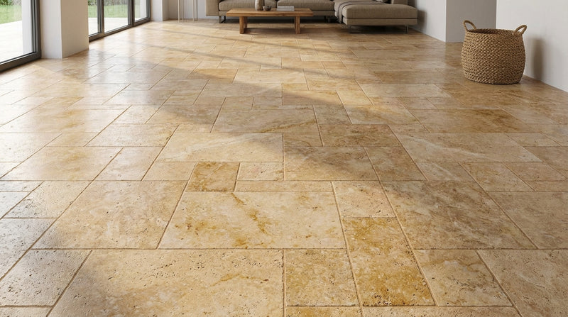 Golden Sienna Versailles Pattern Brushed & Chiseled Textured Travertine Tile