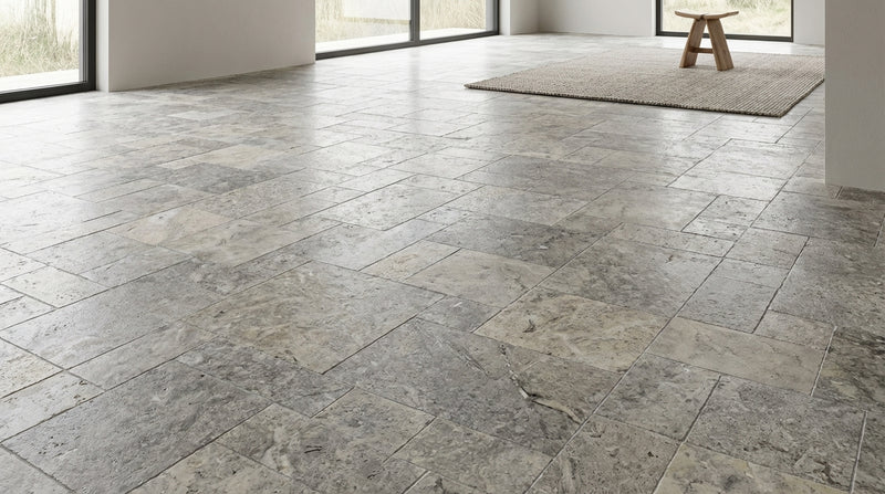 Silver Travertine Tile Pattern Brushed Chiseled
