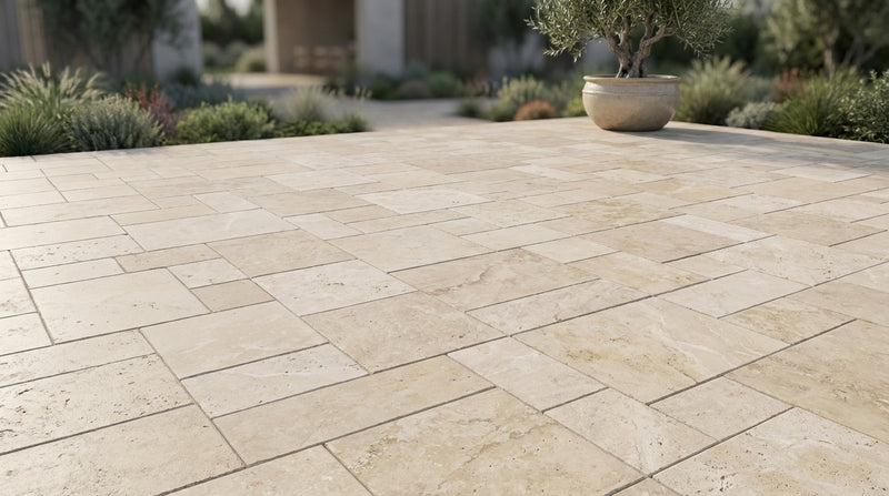 Ivory Travertine Paver Pattern Tumbled   1.25 inch