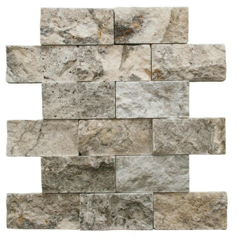 Silver Travertine Split Face 2 x 4 Mosaic