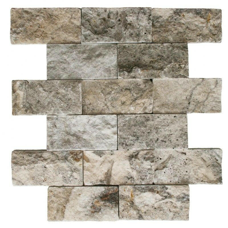 Silver Travertine Split Face 2 x 4 Mosaic