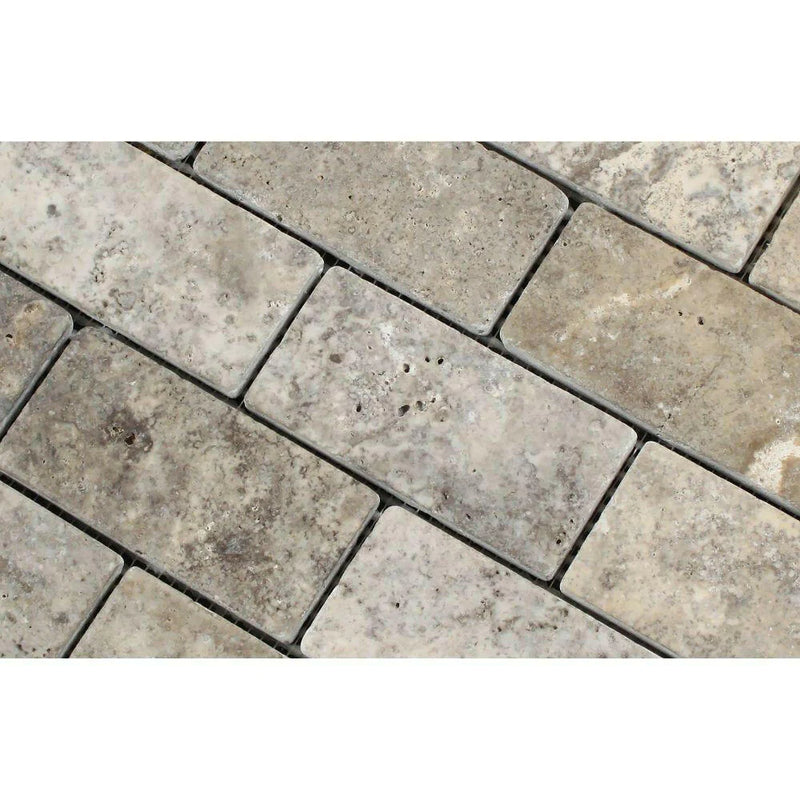 Silver Travertine Tumbled 2 x 4 Square Mosaic