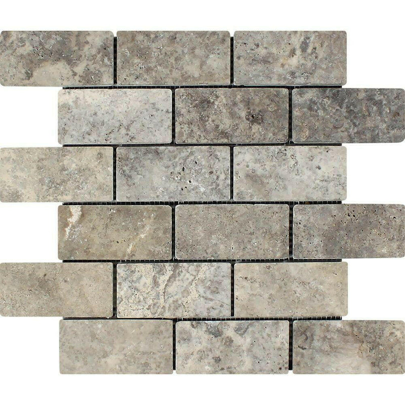 Silver Travertine Tumbled 2 x 4 Square Mosaic