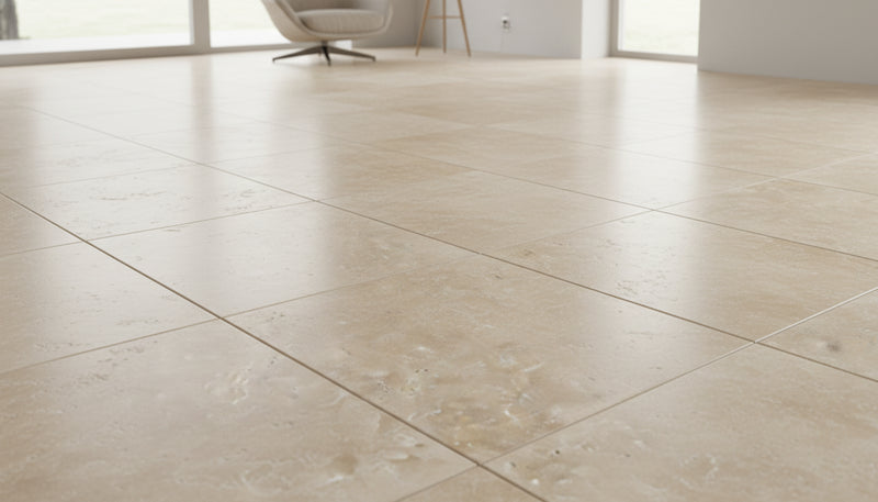 Close-up of Ivory Cordoba Cream Travertine Filled, Honed & Straight Edge 12 x 12 x 3/8 Cross Cut Tile, in Ivory tones.