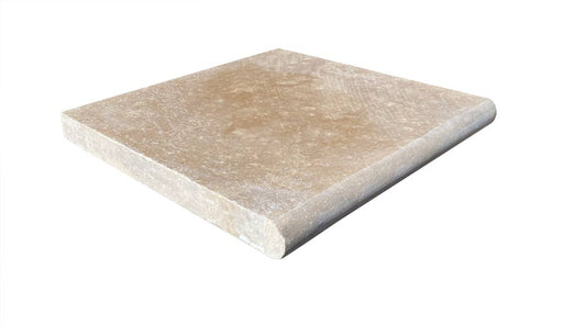 Close-up of Ivory Cordoba Cream Travertine Tumbled 12 x 12 x 3/8 Cross Cut Tile, in Ivory tones.