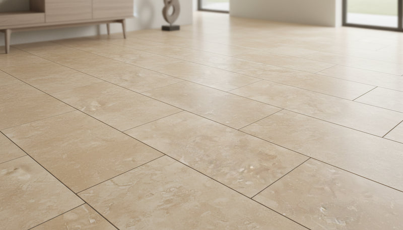Close-up of Ivory Cordoba Cream Travertine Tumbled 12 x 24 x 1/2 Cross Cut Tile, in Ivory tones.