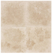 Close-up of Ivory Cordoba Cream Travertine Filled, Honed & Straight Edge 18 x 18 x 1/2 Cross Cut Tile, in Ivory tones.