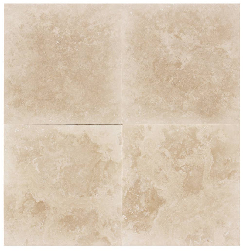Close-up of Ivory Cordoba Cream Travertine Filled, Honed & Straight Edge 18 x 18 x 1/2 Cross Cut Tile, in Ivory tones.