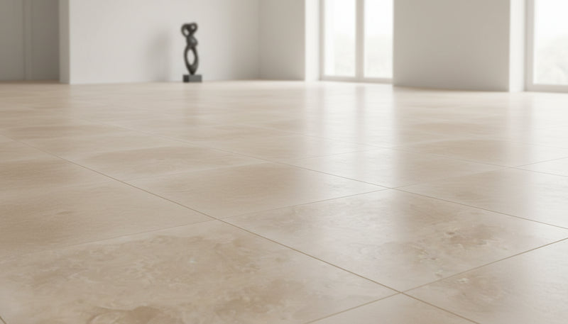 Close-up of Ivory Cordoba Cream Travertine Filled, Honed & Straight Edge 18 x 18 x 1/2 Cross Cut Tile, in Ivory tones.