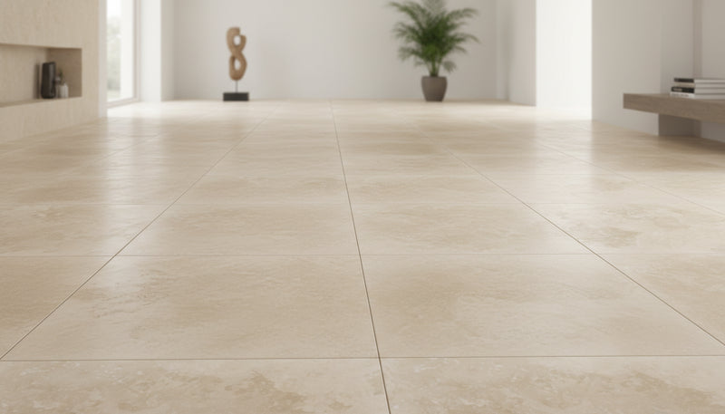 Close-up of Ivory Cordoba Cream Travertine Tumbled 18 x 18 x 1/2 Cross Cut Tile, in Ivory tones.