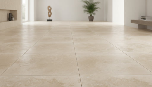 Close-up of Ivory Cordoba Cream Travertine Tumbled 18 x 18 x 1/2 Cross Cut Tile, in Ivory tones.