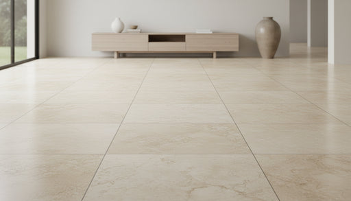Close-up of Ivory Cordoba Cream Travertine Filled, Honed & Straight Edge 24 x 24 x 1/2 Cross Cut Tile, in Ivory tones.