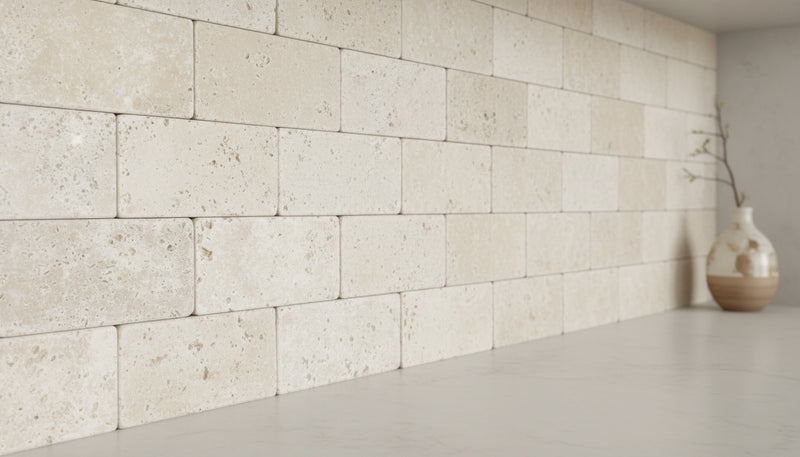Close-up of Ivory Cordoba Cream Travertine Tumbled 3 x 6 x 3/8 Cross Cut Tile, in Ivory tones.