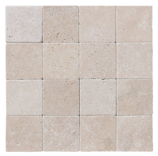 Close-up of Ivory Cordoba Cream Travertine Tumbled 4 x 4 x 3/8 Cross Cut Tile, in Ivory tones.