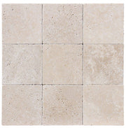 Close-up of Ivory Cordoba Cream Travertine Tumbled 6 x 6 x 3/8 Cross Cut Tile, in Ivory tones.
