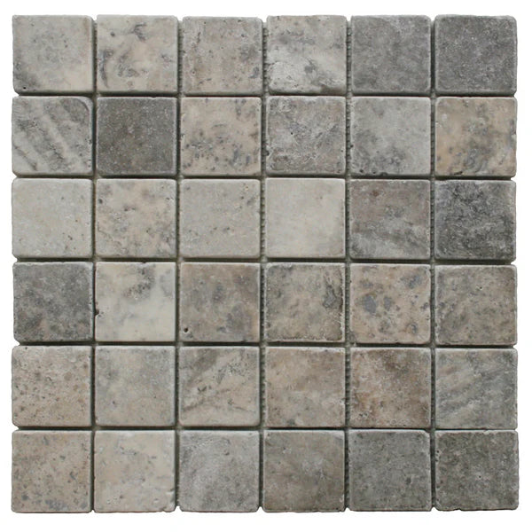 Silver Travertine Tumbled 2 x 2 Square Mosaic