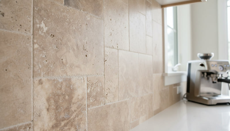 Close-up of Chocolate Brown Walnut Travertine Unfilled, Brushed & Chiseled French Versailles x 1/2 Cross Cut Tile, in Brown tones.