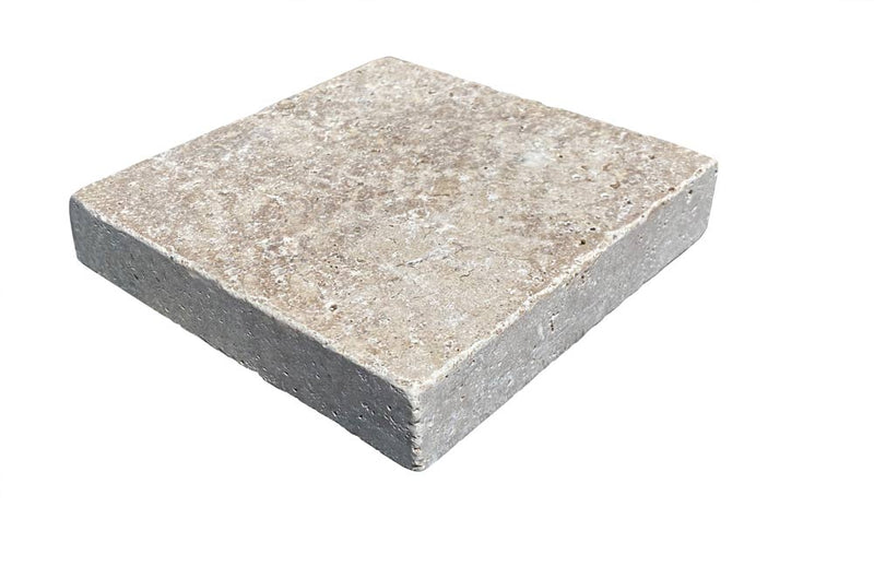 Close-up of Chocolate Brown Walnut Travertine Tumbled 6 x 6 x 3/8 Cross Cut Tile, in Brown tones.