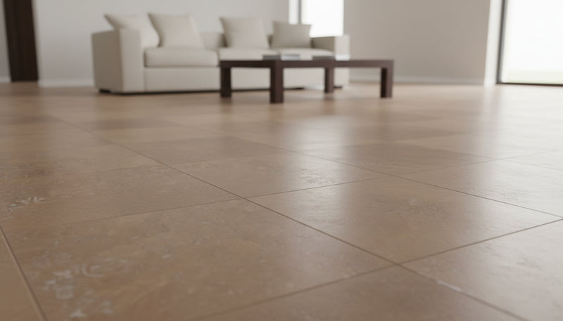 Close-up of Noce Travertine Filled, Honed & Straight Edge 12 x 12 x 3/8 Cross Cut Tile, in Noce tones.