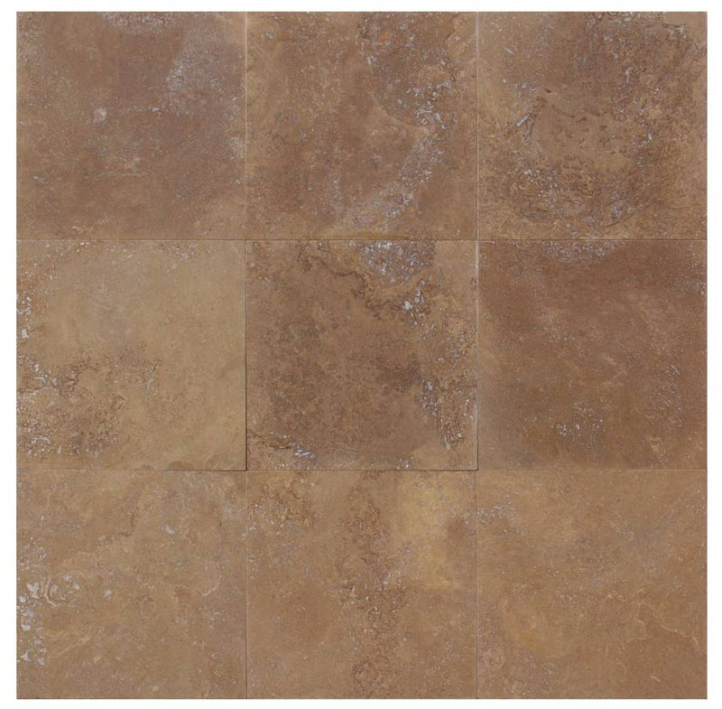 Close-up of Noce Travertine Tumbled 12 x 12 x 3/8 Cross Cut Tile, in Noce tones.