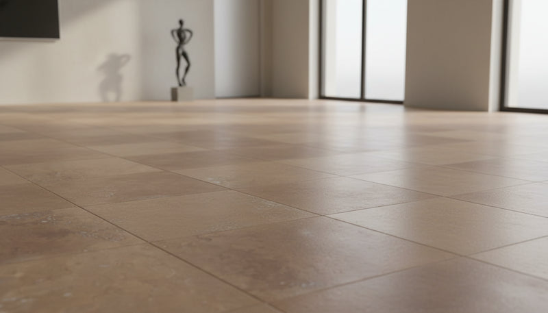 Close-up of Noce Travertine Tumbled 12 x 12 x 3/8 Cross Cut Tile, in Noce tones.