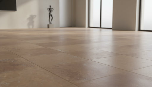 Close-up of Noce Travertine Tumbled 12 x 12 x 3/8 Cross Cut Tile, in Noce tones.